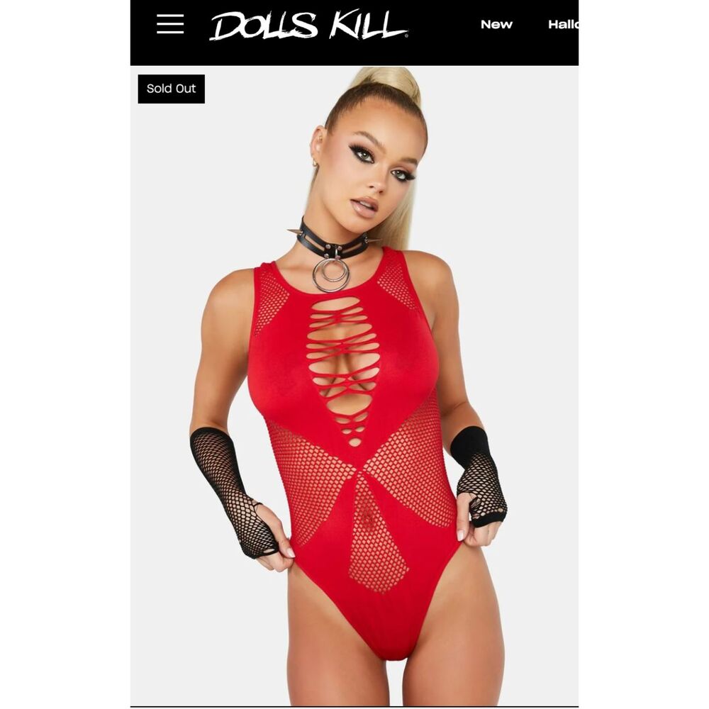 NWT Dolls Kill Scarlet Red Fishnet Strapless Bodysuit One Size Pink Lipstick